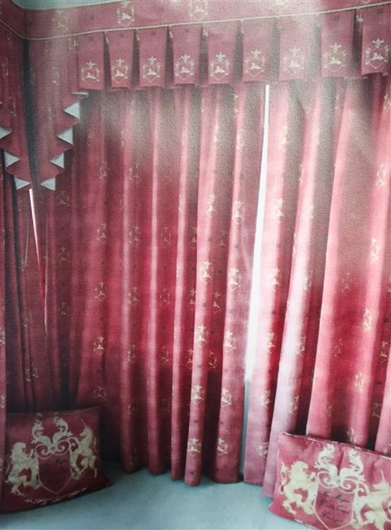 2 prs of Andrew Martin red ground lined & interlined curtains, pelmets & tie backs, & matching pr of cushions (some fading on edges)(-)